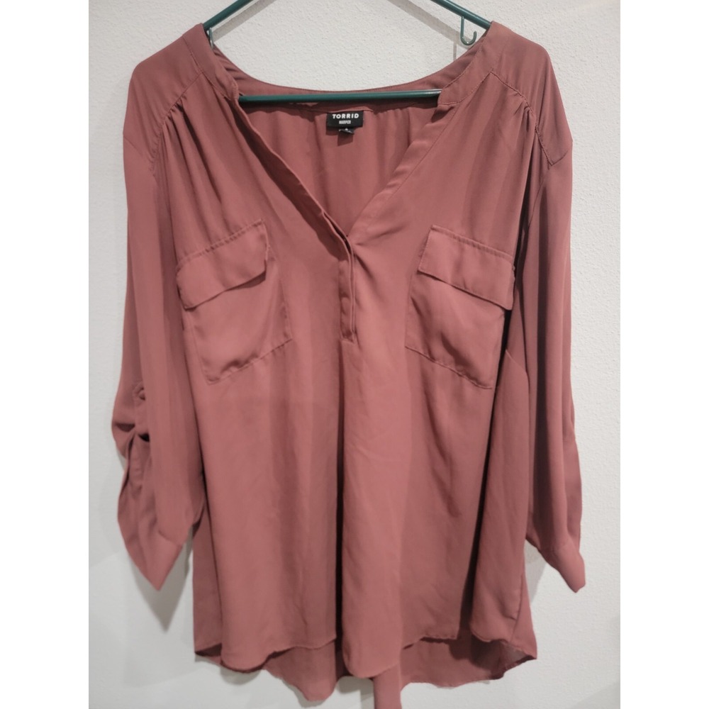 Torrid Harper Georgette Roll Tab Sleeve Mauve‎ Button Front Blouse Women's 4 4X
